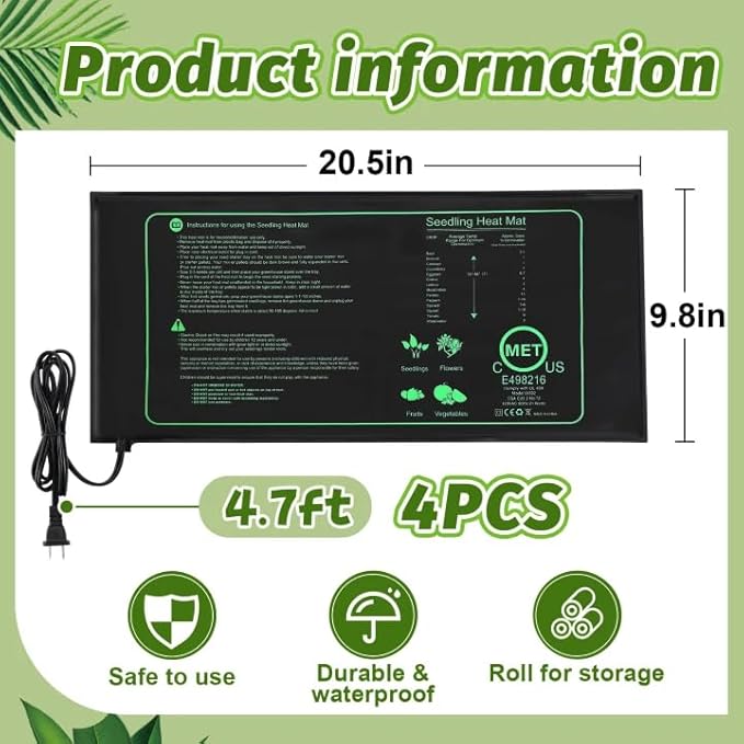 4 PCS Durable Seedling Heat Mat for Plants - 10'' x 20.5'' Bulk Seed Starting Heating Mat for Indoor Grarden Greenhouse Waterproof Warm Hydroponic Seed Mat for Plant Germination Growth