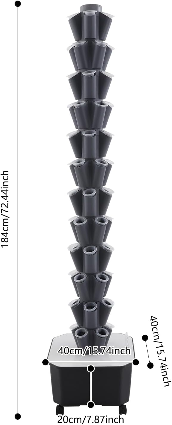 12-Tier Hydroponic Growing Tower 60-Plant Indoor Gardening System w/Automatic Water Circulation Vertical Aeroponic Tower Garden for Herbs Vegetables Fruits (Grey 60-Plants)