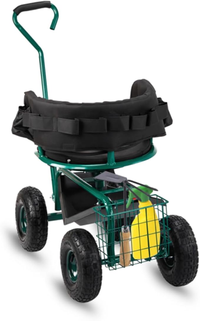 Rolling Garden Cart with Cushioned Backrest &amp Seat Outdoor Gardening Stool for Planting Garden Scooter with 360 Degree Swivel Seat &amp Steering Handle &amp Tool Tray (Backrest Seat+Handle Gre
