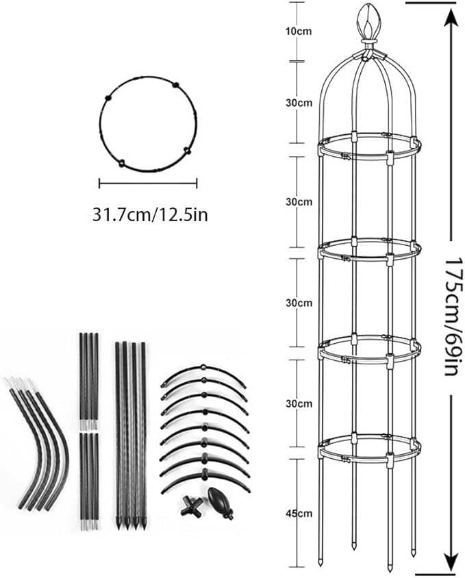 Tower Obelisk Garden Trellis for Climbing Plants and Flowers - Elegant Metal Support Stand for Vines and Roses - 115cm145cm175cm Tall - Black (Size : 12.5/31.7cm Dia. x69/175cm H)