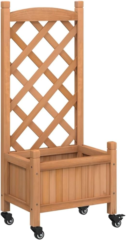 Wood Planter Box with Trellis and Wheel Outdoor Raised Garden Bed for Climbing Plants Free-Standing Trellis Planter Box 15.7x11.8x38.4 Brown Solid Wood Fir