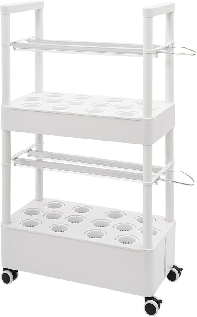 Hydroponics System with Grow Lights - 28 Hole Indoor Garden Kit 2-Tier All-in-One with Water Pump &amp Wheels for Offices Living Rooms Kitchens