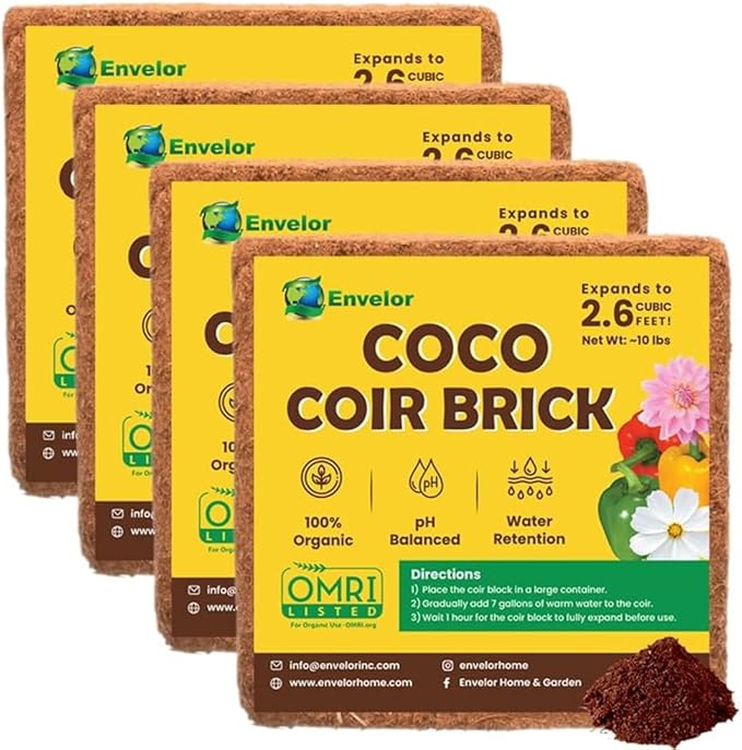 Coco Coir for Plants 4-Pack – 2.6 Cu. Ft. Compressed Coconut Coir Bricks 10 lb. Organic Low EC pH Balanced Coco Peat for Indoor &amp Outdoor Gardening Potting Soil Indoor Plant Soil