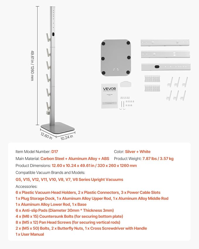 VEVOR Vacuum Stand Compatible with Dyson G5 V15 V12 V11 V10 V8 V7 V6 Series Upright Vacuums Cleaners &amp Accessories Stable Vacuum Stand Holder with 6 Hooks and Non-slip Footpads Gray