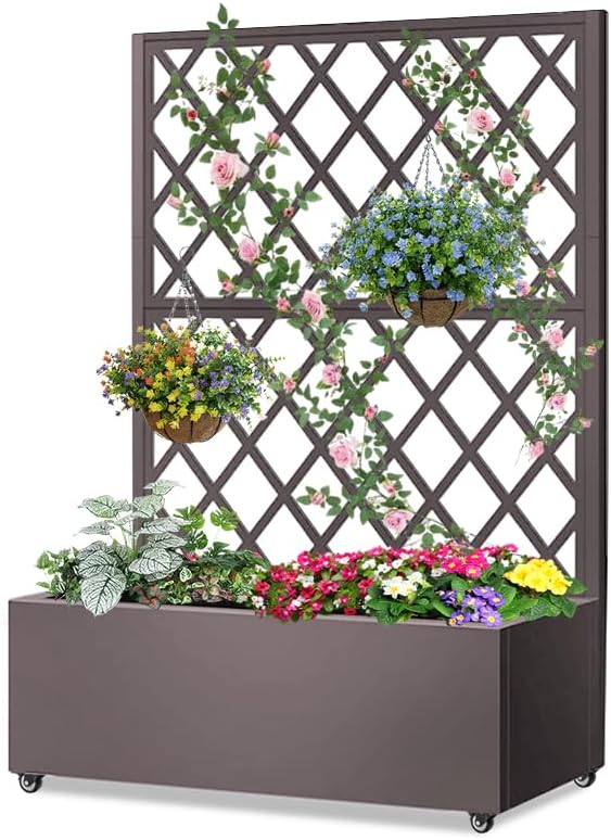 Metal Planter Box with Privacy Screen TrellisGalvanized Raised Garden Bed On Wheels for Climbing Plants Vines Standing Garden Flower Bed with Drainage Holes(Espresso 35 L x16 W x 55 H)