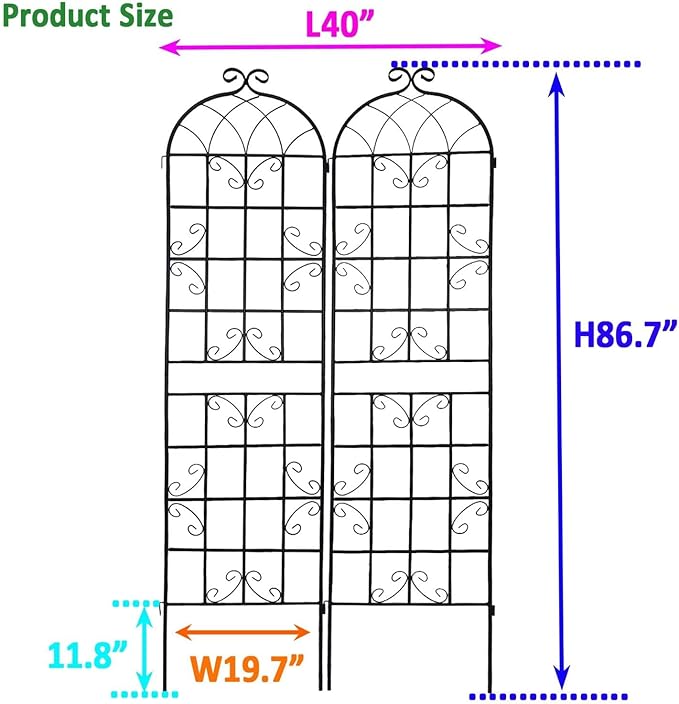 2-Pack Metal Garden Trellis for Climbing Plants - Outdoor Flower Support 19.7’’ x 86.7’’ - Expandable Flower Wall Black