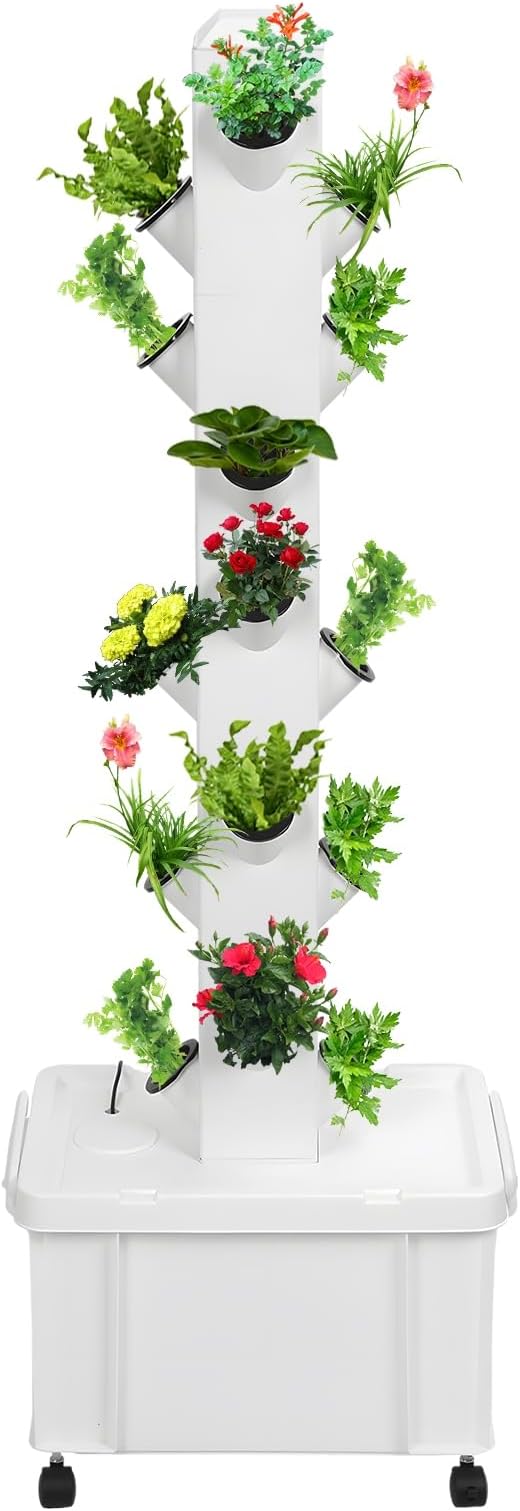Hydroponic Tower Growing System with Pump and Wheels 20-Plant Vertical Garden Planter 5-Tier Indoor Herb Growing Kit Movable Hydroponics for Home Gardening Enthusiasts White 1 US Plug