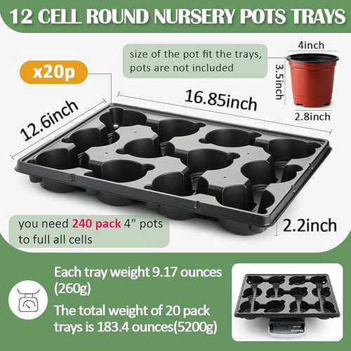 12 Cell Round Nursery Pot Trays Thickened Durable Seedling Pots Shuttle Carrying Trays for Holding 4 Inch Nursery Pots (16.85 × 12.6 20-Pack)