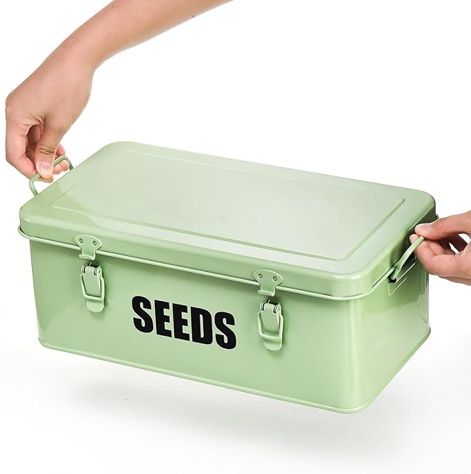 Seed Storage Organizer Box with 4 Compartments Large Metal Seed Packet Container with Lid &amp Safety Locks Garden Seed Bin for Saving Seeds with 50 Plant Labels 20 Envelopes