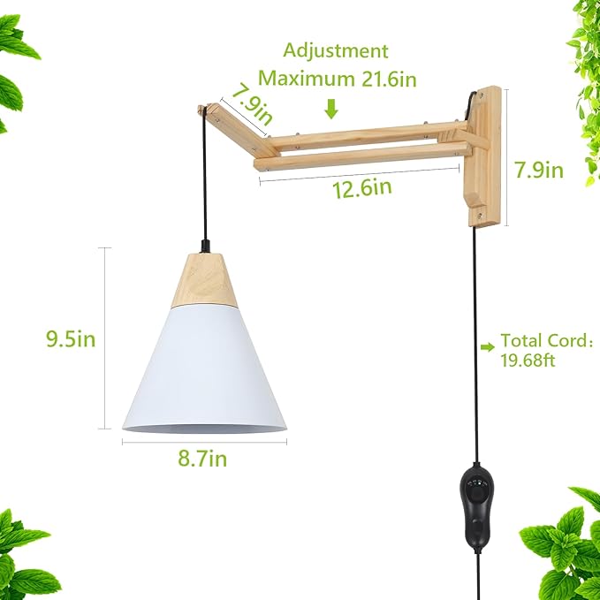 HMVPL Hanging Plant Light for Indoor Growing Full Spectrum Grow Lights for Indoor Plants with 20W COB Grow Light Bulb Wall Mounted Plant Light with Swing Arm 4/8/12H Timer for Large Small Plant