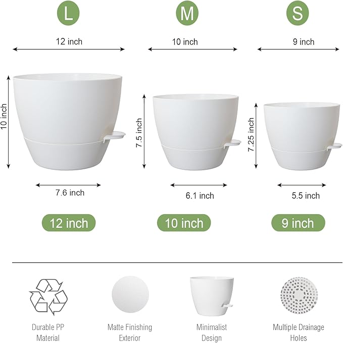 Large Self Watering Pots 12/10/9 Plastic Planters with High Drainage Holes and Deep Reservoir for Indoor Outdoor Garden Plants and Flowers White