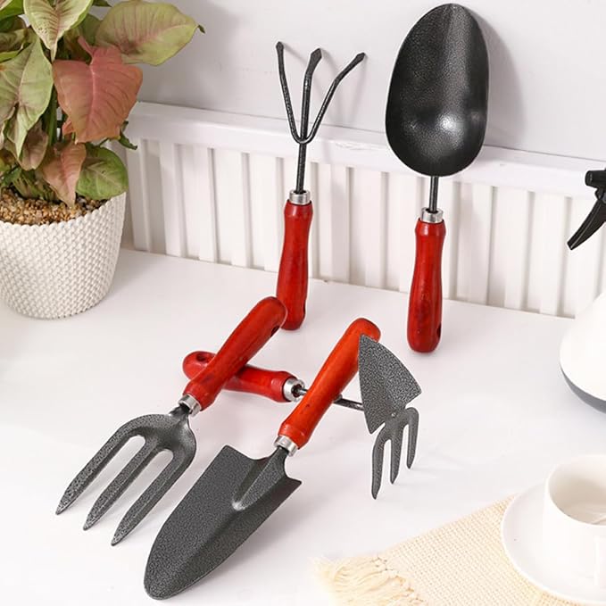 Homoyoyo Garden Shovel and Rake Set 5pcs Multipurpose Hand Tools for Flower Planting and Vegetable Gardening Sturdy Steel Construction with Ergonomic Handles for Soil Loosening