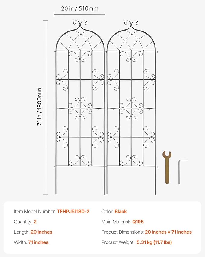 VEVOR 71 x 20 in 2 Packs Rustproof Metal Garden Flower Trellis Outdoor Climbing Rose &amp Cucumber Support Decorative Clematis Trellis for Courtyards &amp Lawns