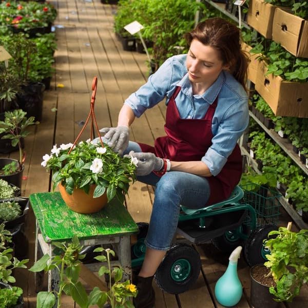 Garden Scooter Stool with Wheels Rolling Gardening Seat with Swivel &amp Tool Tray Adjustable Work Seat with Extendable Handle for Weeding Planting Outdoor Work Foldable Garden Seats
