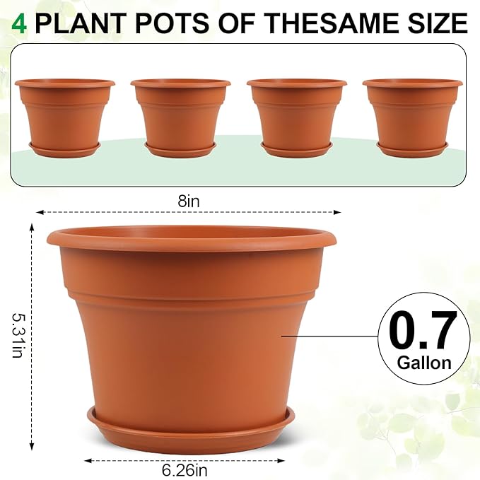 8 Inch Plastic-Flower Pot-for-Indoor Plants 4 Pack Large Outdoor Planter Pot with Drainage Holes &amp Saucers Resin Decorative Garden Pots Planters