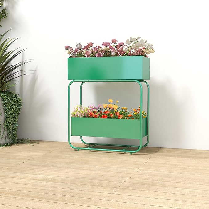 Raised Garden Bed 2 Tier Outdoor Metal Planter Box Plant Stand with Drainage Planter Holder Rack Fruit Vegetables and Flowers Can Be Grown Green