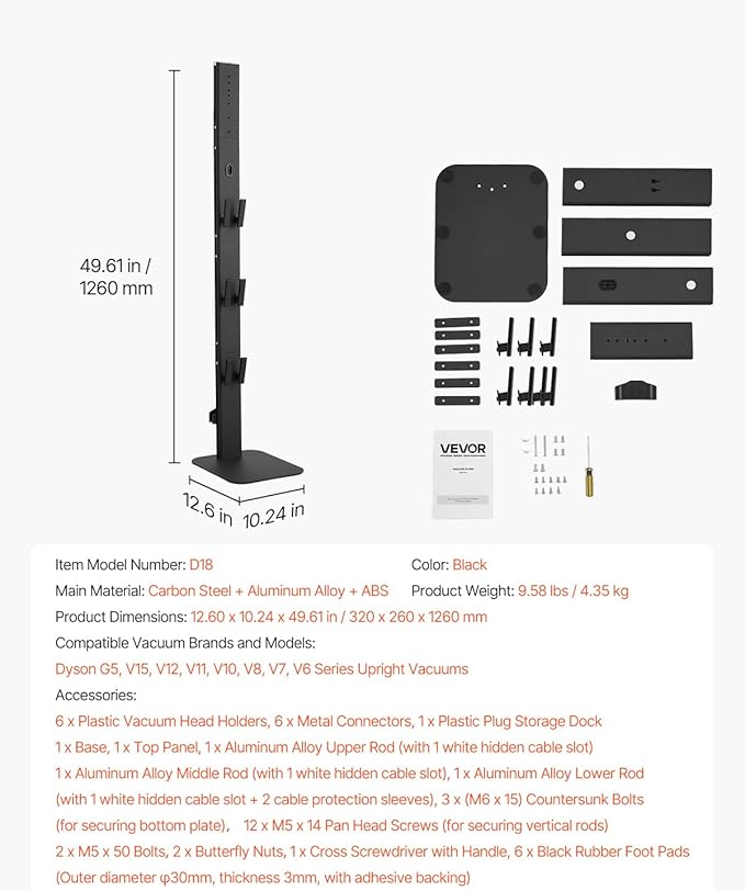 VEVOR Vacuum Stand Compatible with Dyson G5 V15 V12 V11 V10 V8 V7 V6 Series Upright Vacuums Cleaners &amp Accessary Stable Storage Stand Holder with 6 Hooks and Non-Slip Footpads Black