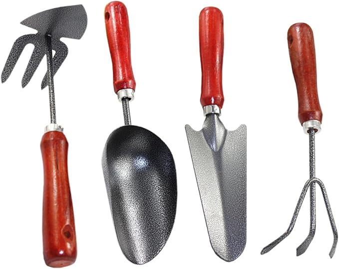jojofuny 4pcs Garden Tool Set with Small Trowel Narrow Spade Three-Prong Cultivator and Dual-use Hoe Mini Handheld Soil Scoop for Planting Digging and Gardening Tasks