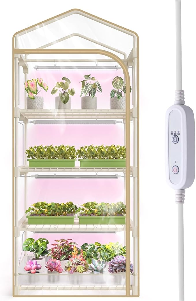 Mini Indoor Greenhouse with Grow Light4 Tiers Plant Shelf with 1.6FT 20W Full Spectrum Grow Light with Timer for Seed Starting Ventilation Window &amp Bottom Pouch 27 L x 19 W x 63 H