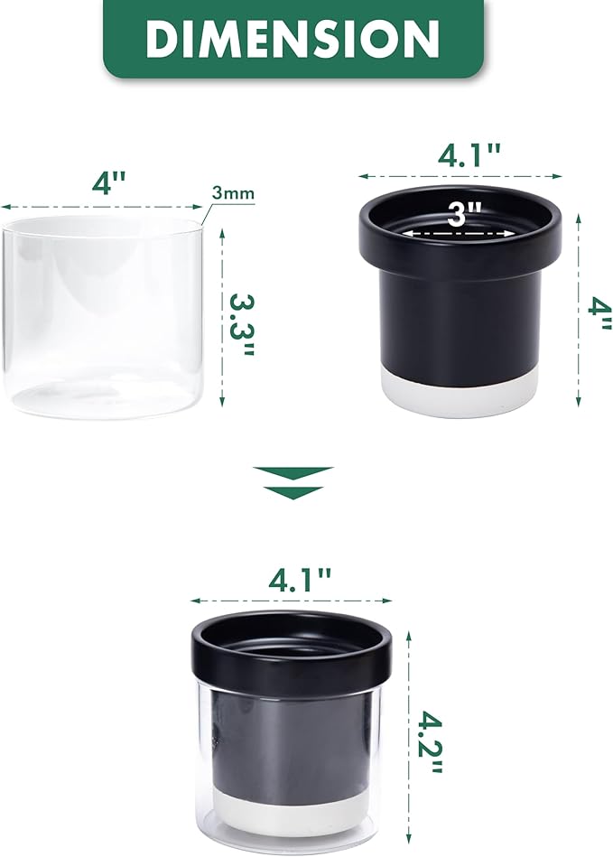Phoenix Vine 4 Inch Self Watering Planter Pot Black Terracotta Clay Pot with Glass Reservoir for Indoor Plants Herbs Flowers Set of 2 52-C-E-2