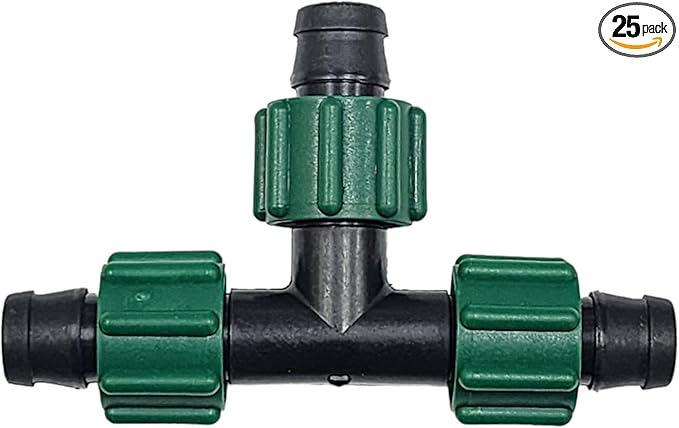 USA MADE - PREMIUM Drip Tape Irrigation Tubing 3 WAY TEE 25 Pack Connector (5/8 or .625 - .645 ID) Universal Perma-Loc Connector Barbed Locking Fitting - Fits All Brands 16mm Drip Tape AG Tubing