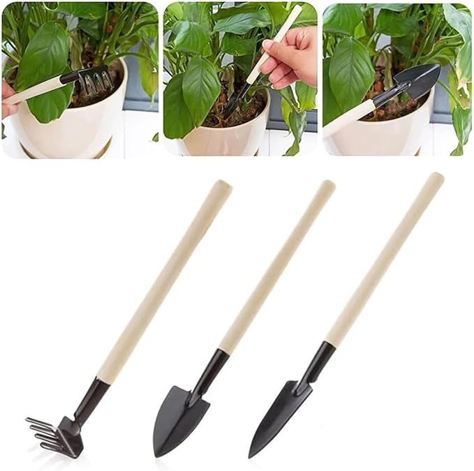 Mini Garden Tool Set 3pcs/Set Gardening Tools Wood Handle Stainless Steel Potted Plants Shovel Rake Spade for Flowers Potted Plant Seed Color : White Size : Whit