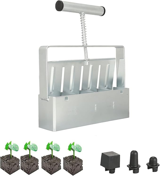Manual Quad Soil Blocker 4 Cell Soil Block Maker with Comfortable Handle 2 Inch Seed Block Makers Hand Held Soil Block for Seedlings Cuttings Greenhouses Outdoor Plants