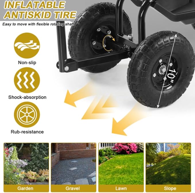 Rolling Garden Cart with Cushioned Backrest &amp Seat Outdoor Gardening Stool for Planting Garden Scooter with 360 Degree Swivel Seat &amp Steering Handle &amp Tool Tray (BackRest Seat+Handle Bla
