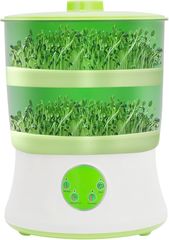 Bean Sprouts Machine 2 Layers Intelligent Automatic Bean Sprouts Maker 110V Bean Sprouts Growing kit with 360° Sprinkler &amp 3 Seasonal Modes for Radish Wheatgrass Broccoli Sprouts