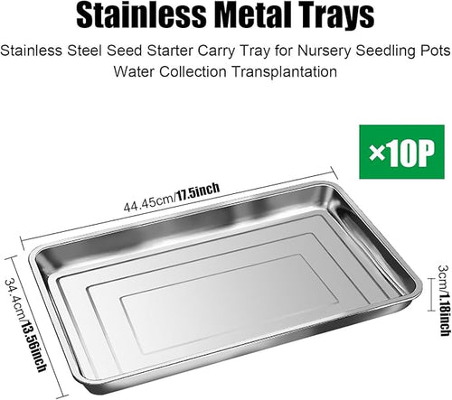 10 Pack Large Stainless Steel Seedling Trays Heavy Duty Metal Water Catch Trays for Nursery Pots Transplant Seed Germination &amp Propagation Flats (17.5 inch×13.56 inch 1.18 Height)