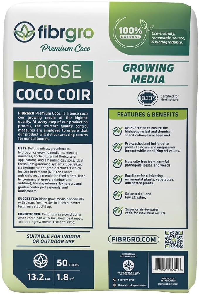 Loose Coco Coir 50L (1.8 cu ft) – Organic Pre-Moistened Coconut Fiber Growing Medium | Triple-Washed Ready-to-Use Coco Coir for Plants Seed Starting &amp Hydroponics