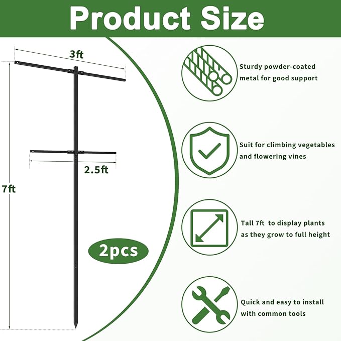 2 Pack Metal Detachable Raspberry &amp Grape Vine Trellis for Climbing Plants Heavy-Duty 7 Ft Tall Large Vineyard Trellis Support Sturdy Garden Stakes for Outdoor Raised Beds Vegetables Fruits Flow