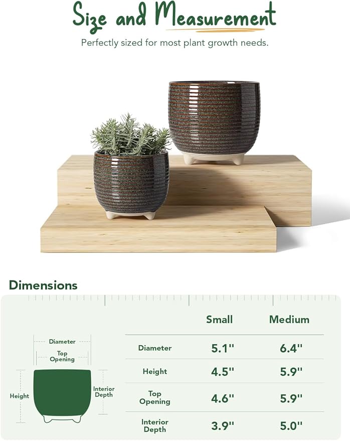 LE TAUCI Ceramic Plant Pots 5.1 + 6.4 Inch Footed Pots for Plants Modern Flower Pots for Home and Office Indoor Planters with Drainage Reactive Glaze Black