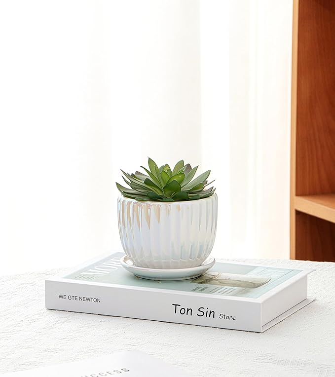 Ton Sin White Plant PotsPearl Gold Ceramic Flower Pots 4+5+6 Inch Indoor Succulent Pot with Drainage Hole - Decorative Orchid Pots and Herb Pots Set of 3