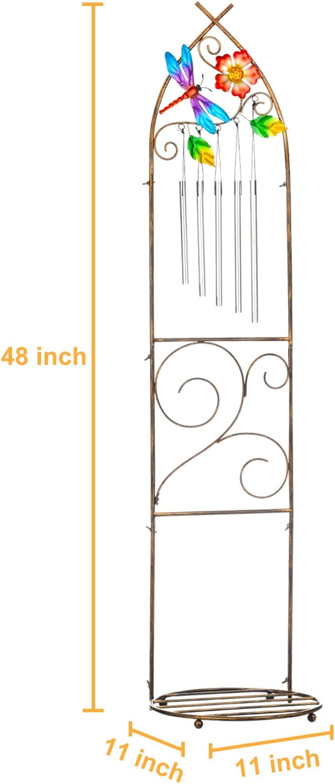 Garden Trellis with Plant Stands 48” Metal Detachable Dragonfly Plant Pot Trellis with Wind Chimes for Climbing Plants Outdoor Lawn Patio Porches Decor
