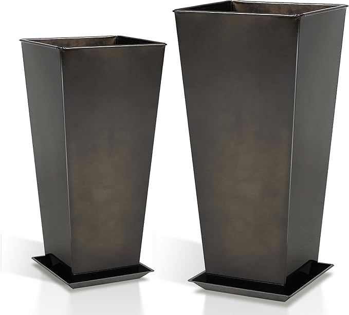 Worth Garden Large Metal Glazed Planter Set of 2 (25 + 28) Luxurious Glossy Finish Black Tall Square Tapered Steel Plant Pot Decor Flower Pot Indoor &amp Outdoor Drainage Hole &amp Dual-Purpose