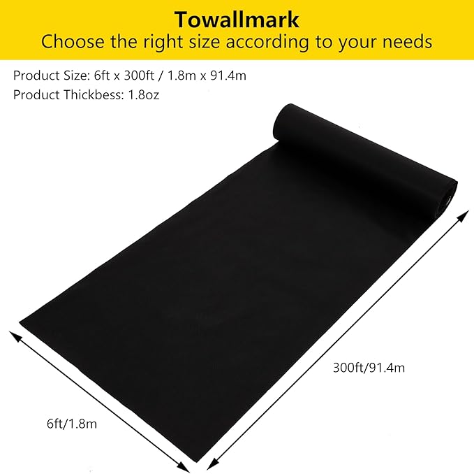 Towallmark 6ft x300ft Weed Barrier Landscape Fabric Premium Non-Woven 1.8oz Ground Cover Weed Block Gardening Mat Easy Setup Superior Weed Control for Erosion Control Weed Block Ground Cover