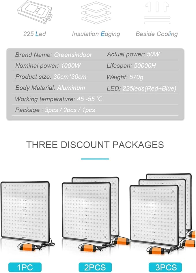1000W Equivalent Grow Light with 225pcs LEDs 3x3 Ft Coverage Dimmable Plant Grow Light Full Spectrum for Indoor Plants Seeding Veg &amp Bloom1pcs