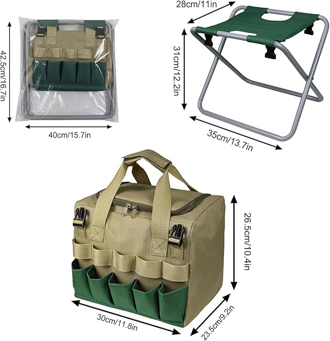 Folding Garden Stool Garden Kneeler Seat Sturdy Stainless Steel Tools Folding Stool Detachable Canvas Tool Bag