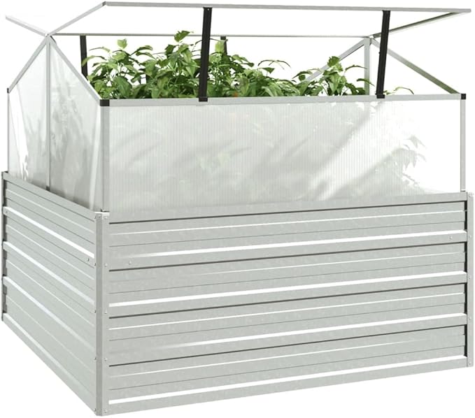 Garden Raised Bed with Greenhouse Planter With TrellisSteel Raised Garden BedGardening PotsIndustrial Rustic Planter for Gardens Patios Lawns Or Any Other Planting.39.4x39.4x33.5 Silver