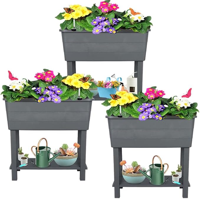 3 Pcs Self Watering Elevated Raised Garden Bed Large Outdoor Plastic Planter Box Big Flower Plant Pot for Planting Flowers Vegetables and Herbs (3 Dark Grey)