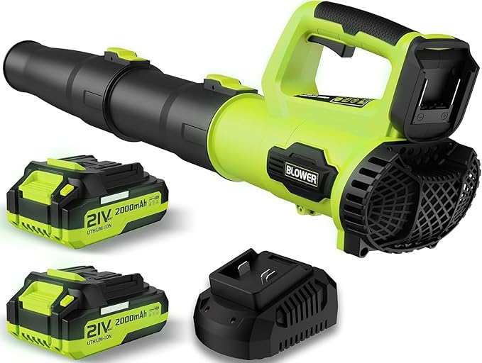 Leaf Blower 21V Cordless Electric Blower with 2 2.0Ah Batteries and 1 Hour Fast Charger Lightweight Leaf Blower for Patio Cleaning Lawn Care Blowing Fallen Leaves and Dust etc.