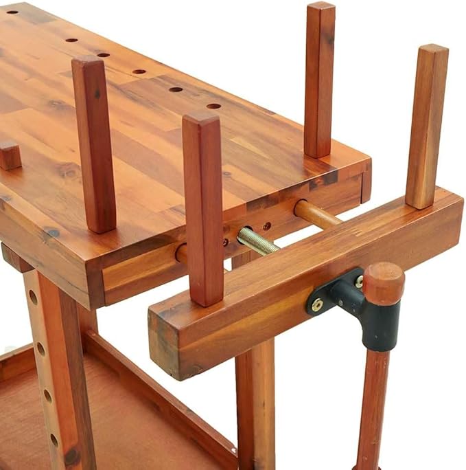 vidaXL Solid Wooden Workbench with Acacia Wood Top and Vices for Workshops Garages and Sheds – Large Space High Strength