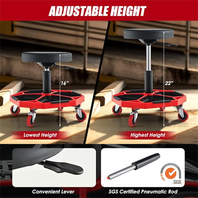Heavy-Duty Adjustable Height Rolling Workshop Stool with Tool Tray Pneumatic Lift 360° Swivel Seat and Heavy Load Capacity