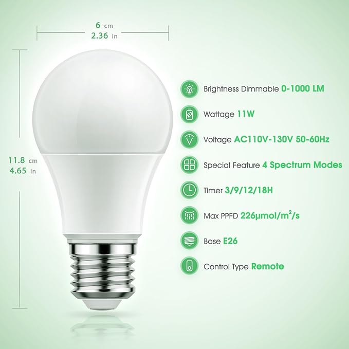 Briignite Grow Light Bulbs 4 Full Spectrum Growth Modes 3/9/12/18H Timing A19 Dimmable Plant Light Bulb E26 Base 11W Grow Bulb 100W Equivalent Grow Light for Indoor Plants Seed Starting 2Pack