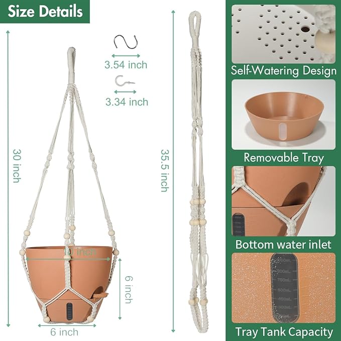 Self-Watering Hanging Planters for Indoor Plants Set 2-Piece Includes Plant Hanging Pot Drainage-Hole Hanging Pot and Hanging Basket Rack (Terracotta10 Inches)