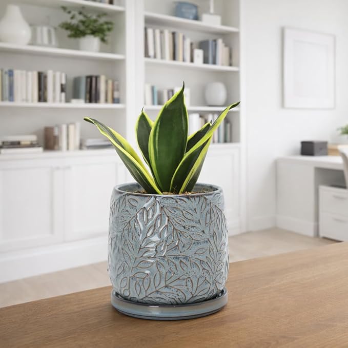 D'vine Dev 5 Inch Embossed Leaves Stoneware Planter Pot with Drainage Hole and Saucer Graphite Blue 27-A-V-9