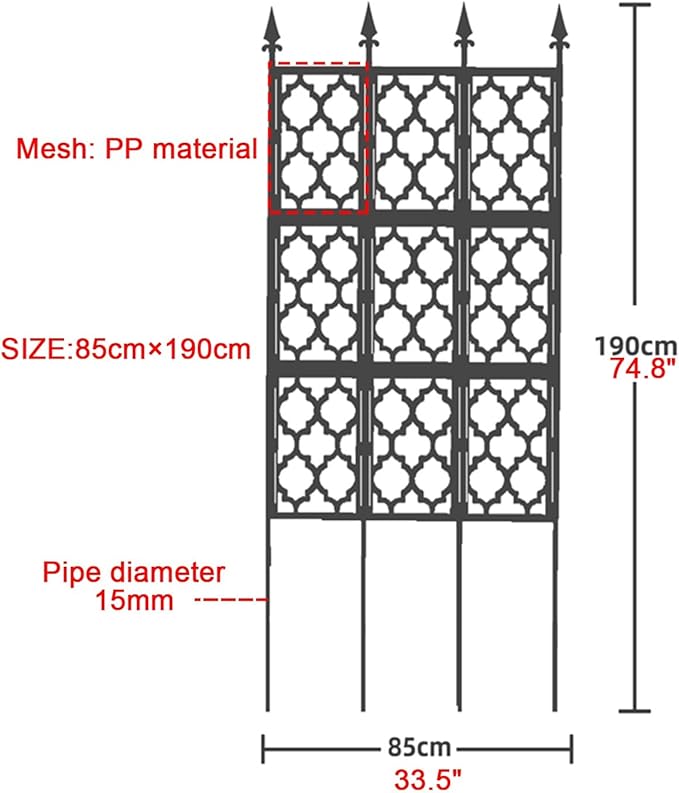 74.8in Tall Garden Fence Metal Garden Trellis For Climbing Plants Outdoor Indoor And Outdoor Privacy Decoration Plant Support For Climbing Vines And Flowers Stands(Black85x190cm/33.5x74.8in)