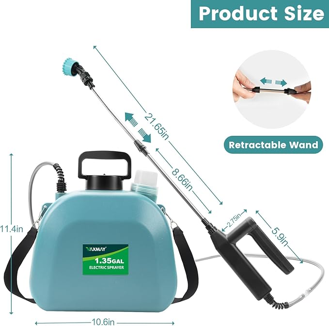 Battery Powered Sprayer 1.35 Gallon 2026 Electric Garden Sprayer with 3 Adjustable Speeds 4 Mist Nozzles Rechargeable Handle Retractable Wand with Adjustable Shoulder Strap for Weed Lawn(Blue)