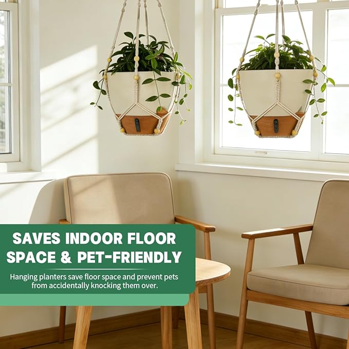 Self-Watering Hanging Planters for Indoor Plants Set 2-Piece Includes Plant Hanging Pot Drainage-Hole Hanging Pot and Hanging Basket Rack (10 Inches White)